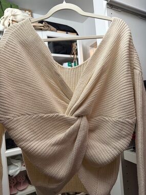 Cream Twist-Front Knit Sweater - Women